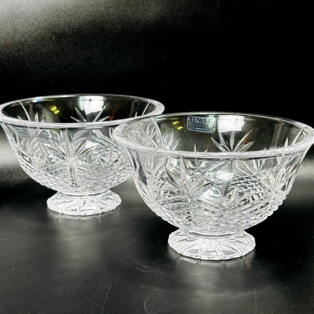 Towle Full Lead Crystal Austria Footed Dessert Bowls Set of 2 Star Fan Pattern